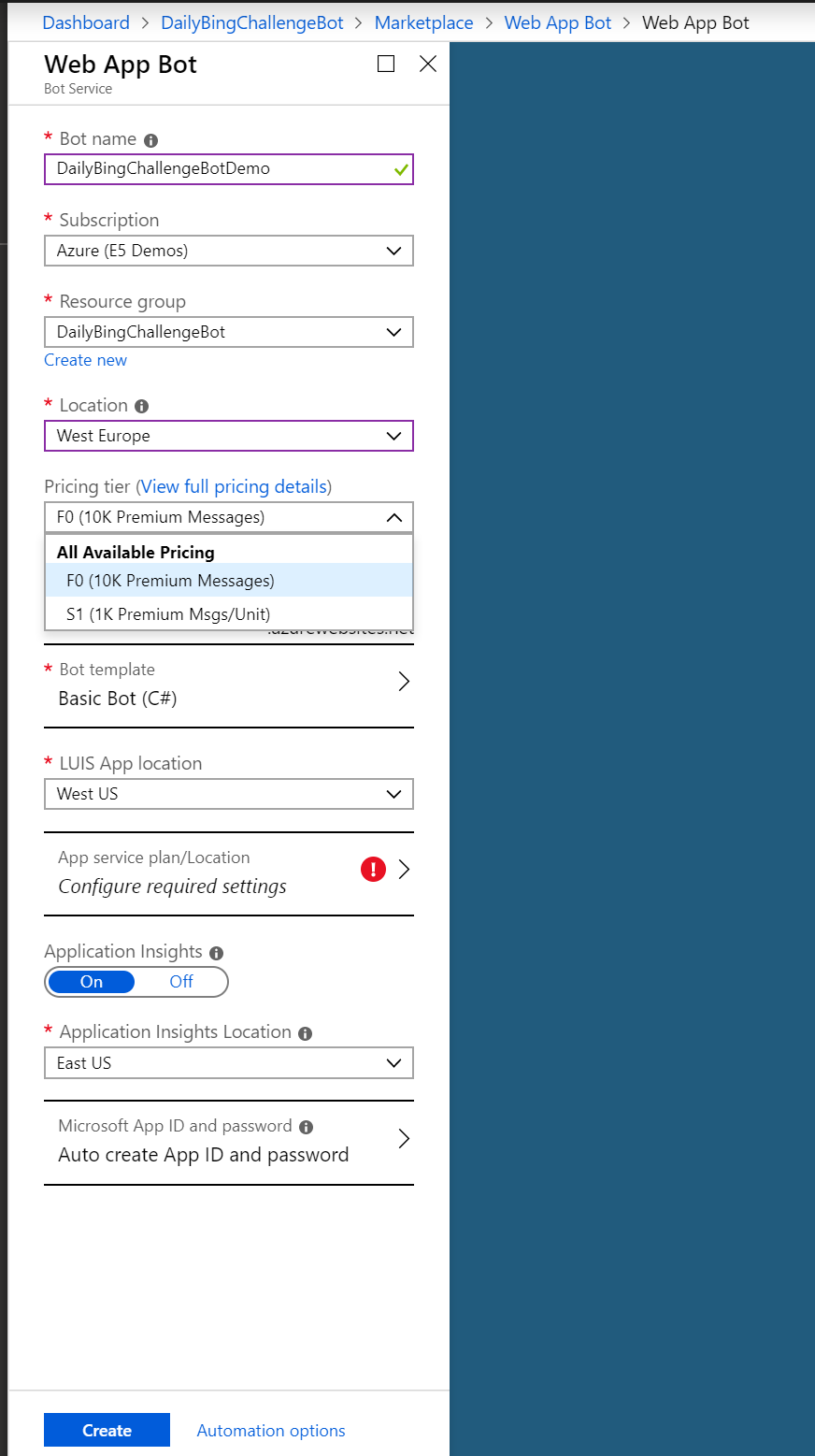 Web App Bot creation